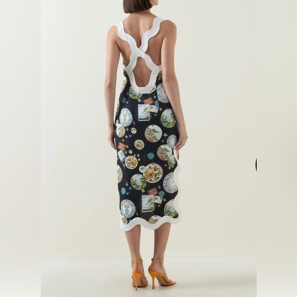 🎉SUPER RARE🎉 Farm Rio NWT Anthropologie Linen Scallop-Trim Slim Midi Dress XS - Picture 9 of 16